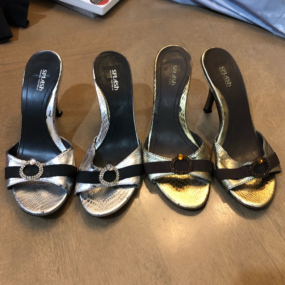 VINTAGE Y2K Set of 2 SPLASH Slip On Rhinestone Metallic Snake Skin Low Heels